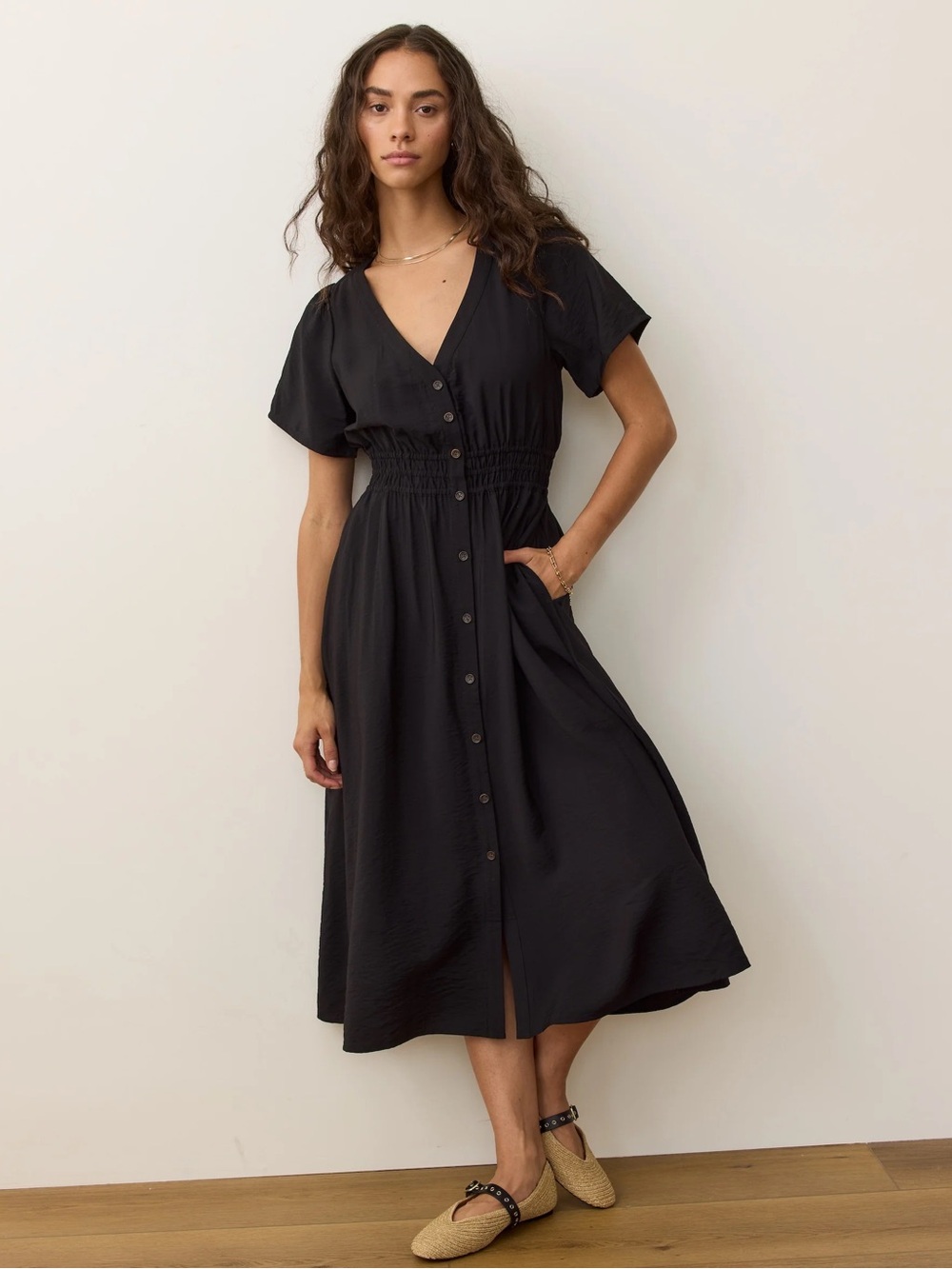Marine Layer Annika Midi Dress Crinkle Tencel Black Size L